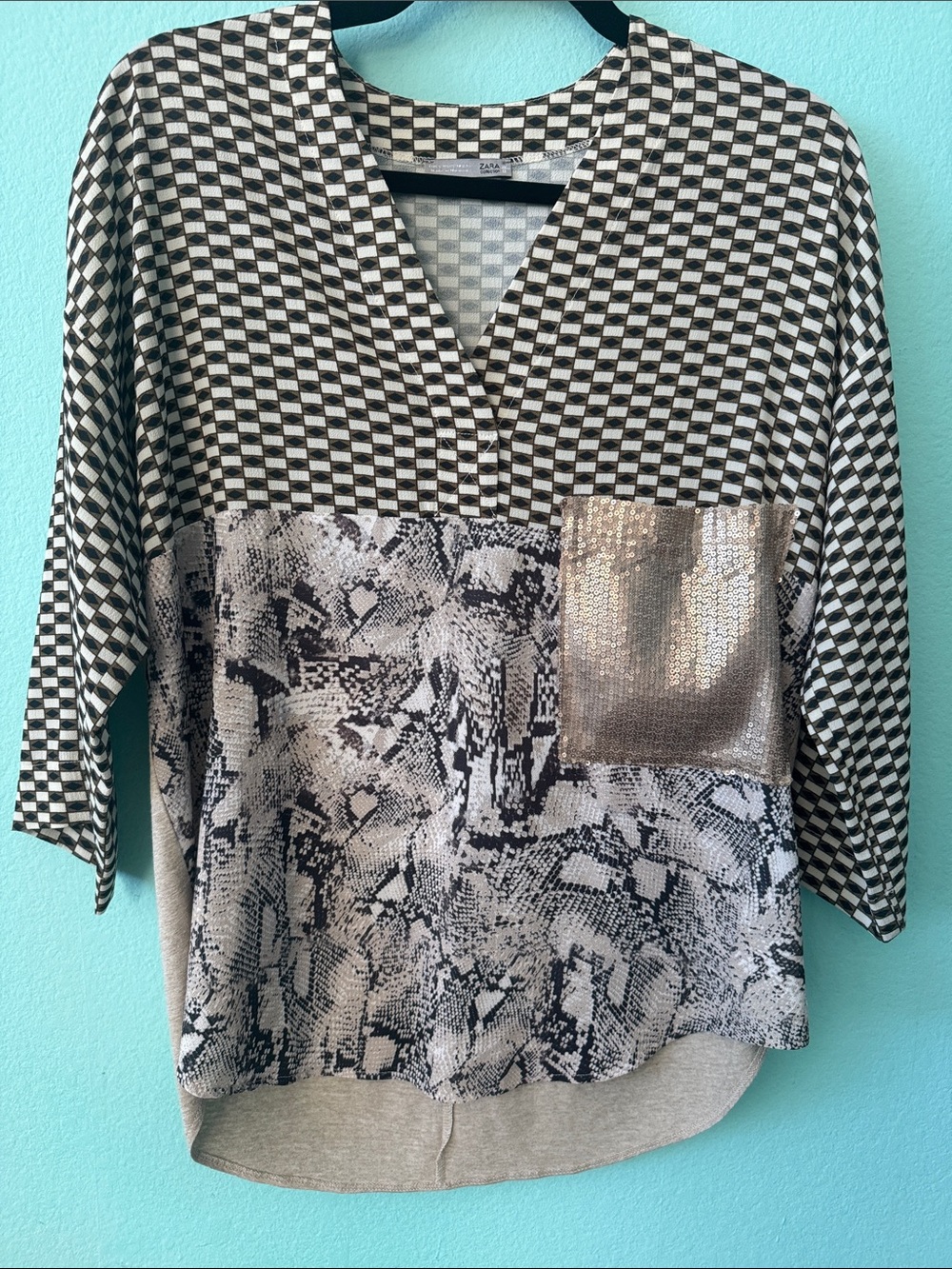 ZARA Mixed-Print V-Neck Women’s Top with Sequin Pocket - Black & Cream